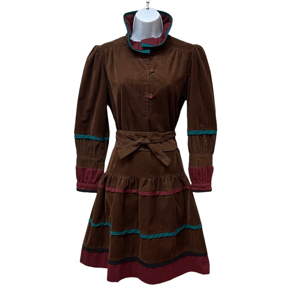 Vtg Eklektic Jackie Bernard Cottagecore Corduroy Ruffle Neck Dress Union Made US
